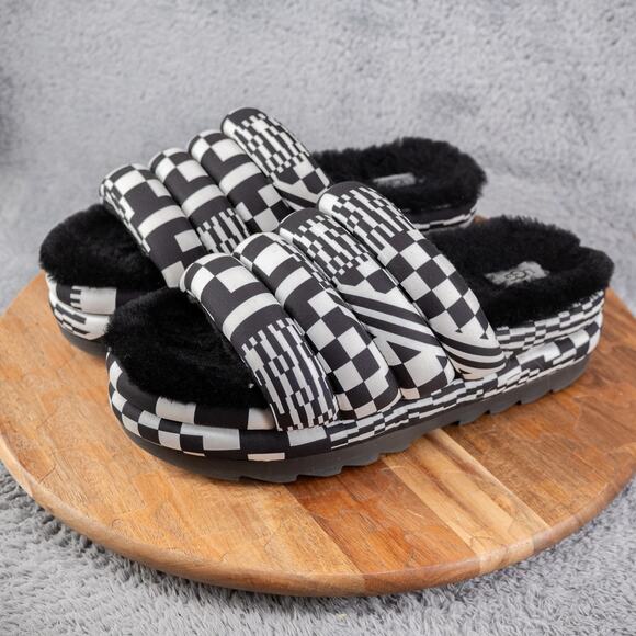 UGG Shoes Womens 9 Multicolor MAXI CHECKS SLIDE Chunky Fur Hippie 1130842 - Picture 3 of 6